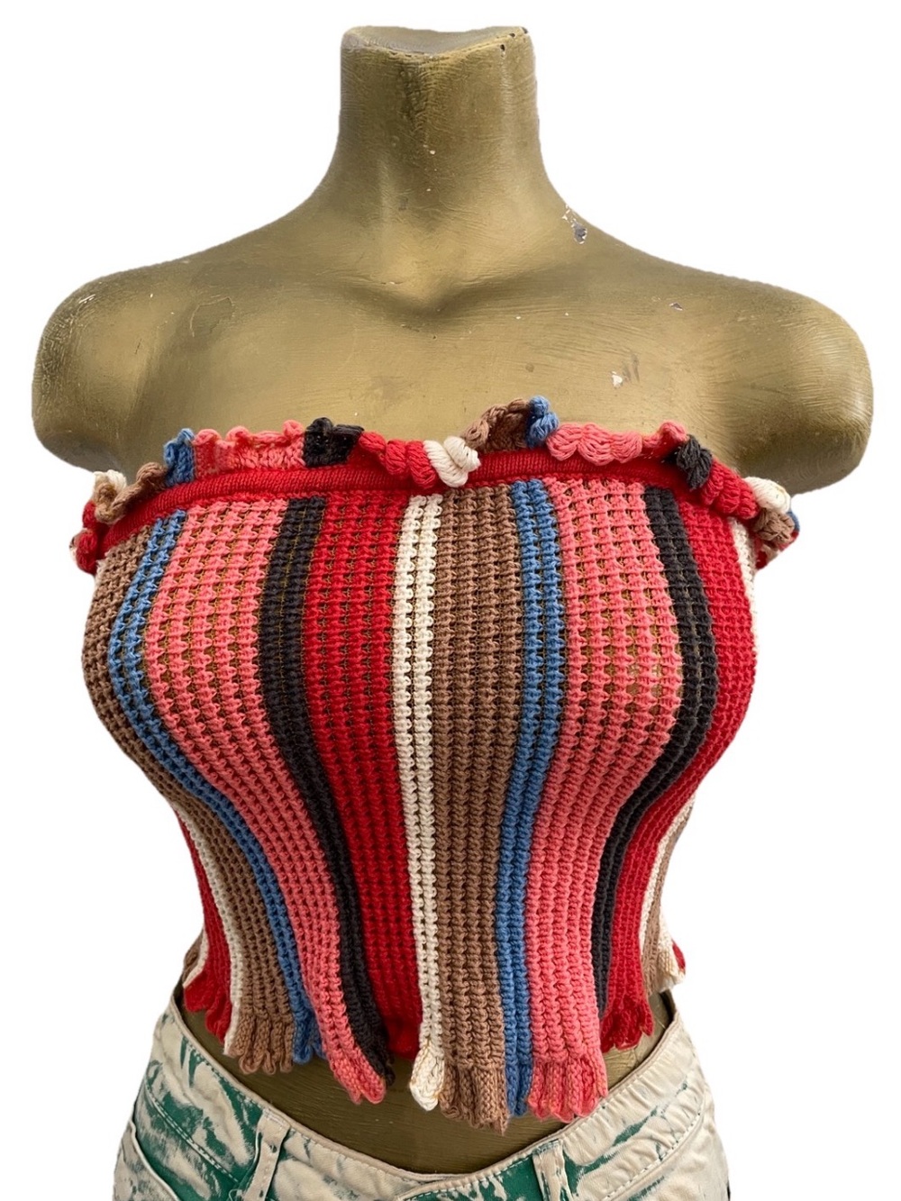 URBAN OUTFITTERS Striped Crochet KNIT TATIANA Ruffled Strapless TUBE TOP L As-Is